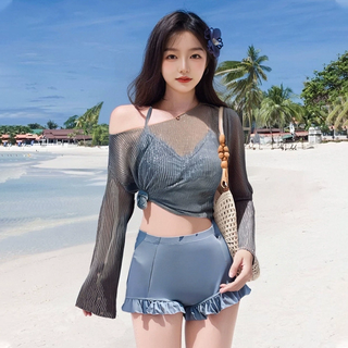 Jimmy leaf 2026 swimsuit women's split bikini three-piece conservative slimming belly-covering sexy cover-up hot spring swimsuit blue l suitable for 100-110 jin jin equals 0.5 kg