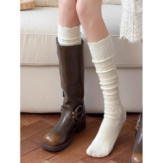 Lace calf socks for women, autumn and winter style hollow knitted pile socks with boots to keep warm, winter boots socks, milky white 1 pair, one size fits all, beautiful legs, slimming_modifying leg shape