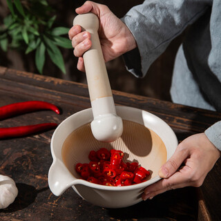 Fantasy chinese style pepper and rice, preserved egg and garlic mortar, special bowl, old-fashioned ceramic tea grinder, commercial large garlic hammer, apricot gray + extra large bowl + hammer