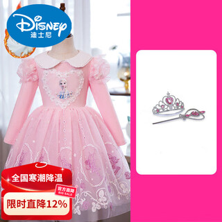 Disney girls new year clothes, stylish ice and snow elsa princess dress elsa autumn children's clothing birthday new elsa winter plus velvet pink skirt free crown stick 140 recommended height 130cm