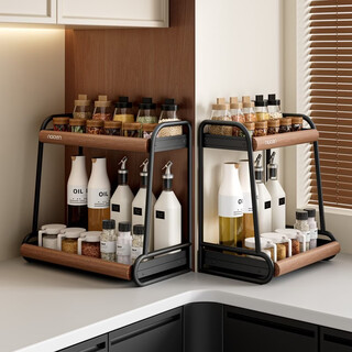 Fantasy condiment storage rack kitchen double-layer household countertop multi-functional seasoning storage rack for oil, salt, sauce and vinegar. log white medium size. selected solid wood. bold carbon steel.