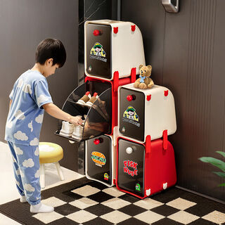 Fantasy shoe rack shoe storage storage shoe box layered children's shoe storage box cream white + cinnabar red + cream white + children's shoe box storage 6 + 9 pairs