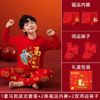 Hanqi 12-year-old boy's zodiac year clothes, children's red zodiac year underwear set, big children's autumn clothes and autumn trousers, year of the horse, immediate success gift box, year of the horse suit + 2 underwear + 2 socks 100 recommended height 80-90cm