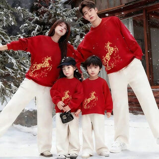 2026 year of the horse natal red parent-child outfits for a family of three and four new year shirts and sweatshirts, immediate success_spring and autumn thin section 100 cm