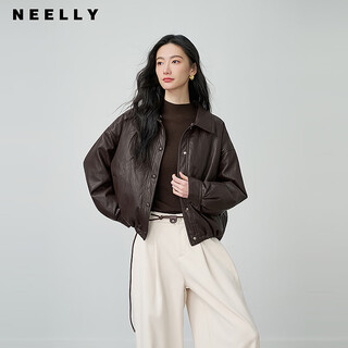 Neelly nali shopping mall's new winter fashionable lapel spliced leather down women's simple cool short coat nutshell brown s