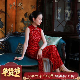 Ripples of the city's wind and red dust丨summer oriental simple luxury style burnt-out velvet full-breasted retro chinese plate button ancient method slim cheongsam red burnt-out velvet cheongsam l