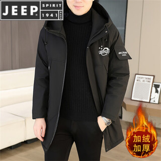 Jeep spirit velvet thickened mid-length jacket for men in autumn and winter handsome trendy windbreaker hooded windproof warm jacket for men black plus velvet and thick l 100-120jin jin is equal to about 0.5 kg