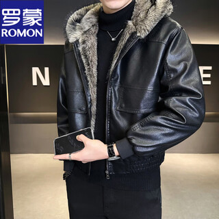 Romon fur one-piece jacket men's winter trendy hooded new velvet thickened loose mountain carving leather jacket men's black xl