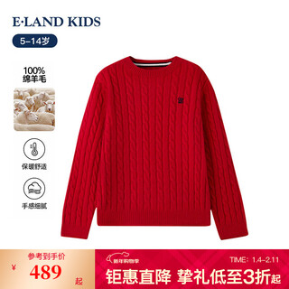 E land kids 100% cotton children's clothing girls' sweater 25 autumn and winter new round neck embroidered cable sweater ekkwf4t11ared red/20 170