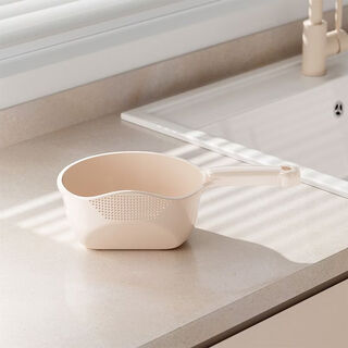 Pupan cat handle rice washing and draining artifact one spoon multi-purpose draining rice rinse spoon with ultra-fine slag separating filter draining basket multi-function colander with fine mesh/rice washing artifact cream white + cherry blossom powder 1 each food grade material