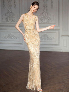 Golden heavy industry evening dress for women high-end banquet light luxury temperament socialite engagement sequined fishtail skirt toasting dress bride gold l l