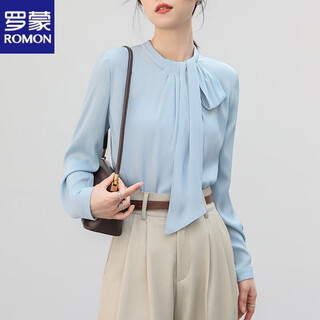 Romon ribbon blue shirt for women spring new temperament professional commuting shirt high-end satin top blue suitable for spring and summer s
