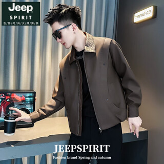 Jeep spirit high-end handsome spliced leather jacket jacket for men spring and autumn 2026 new style lapel trendy casual top for men coffee color jacket m (170) recommended 95-115jin jin is equal to 0.5 kg