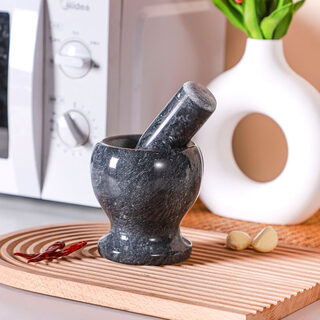 Tuojin imported quality jade garlic mortar from japan, natural stone garlic press, stone mortar, garlic grinder, household pounder, 11 cm diameter, calm black, tank + stone hammer
