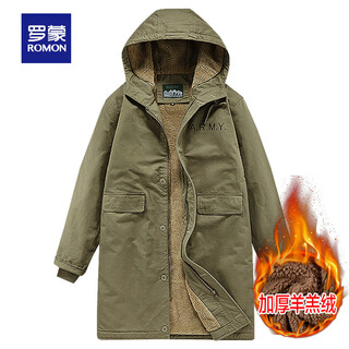 Romon high-end mid-length lamb velvet thickened hooded cotton coat men's winter casual windproof and warm military coat loose thick military green m1 hooded mid-length l (125-145jin jin equals 0.5kg)
