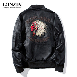 Jnjkqa indian embroidery men's leather jacket plus velvet thickened handsome leather jacket men's motorcycle suit pilot trendy jacket 2035 black_baseball collar plus velvet m_recommended 90-105jin jin equals 0.5 kg