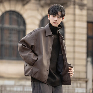 Xiaohongshu's hot style retro pu leather jacket men's spring and autumn new casual lapel motorcycle coffee color m