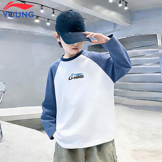 Li ning spring boys' tops 2026 new youth trend raglan long sleeve children's round neck pullover children's clothing white/gray indigo/gray indigo 165 cm