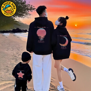 G.duck little yellow duck 2025 new parent-child clothing for a family of three and four, autumn sweatshirts, winter hooded tops for mother and daughter, black hooded plus velvet, one size too small, 185 dad 2xl, sun pattern