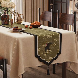 Fantasy table runner, long tablecloth in the middle of the dining table, tv cabinet, sideboard decoration tablecloth, dust-proof bunting, bamboo green oriole ancient lotus shape, c tassel black, chenille velvet 30x420cm (applicable to tabletop length 320340cm)