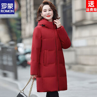 Romon winter mid-length authentic women's down jacket duck down middle-aged and elderly 2026 mom fashion thickened warm jacket red 6xl recommended 165-180jin jin equals 0.5 kg