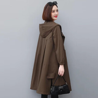 Mucha lily windbreaker jacket women's 2025 new spring and autumn women's clothing loose middle-aged casual small hooded workwear mid-length brown l (suitable for 118-130 jin jin equals about 0.5 kg)