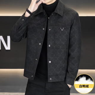 Kbxng jinba woolen down jacket men's winter trendy versatile handsome dark pattern printed lapel jacket warm thickened jacket black 2xl 150 to 165jin jin equals 0.5 kg