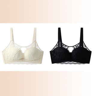 Tingmei (gracwell) tingmei underwear for women with small breasts gathered up to show their size, pull-up support to prevent sagging, soft and sweet style sexy lace bra, apricot skin + retro black / two-piece set 75b