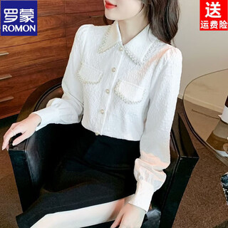 Romon xiaoxiangfeng chiffon shirt women's autumn and winter 2026 new polo collar long-sleeved shirt plus velvet thickened top white xxs