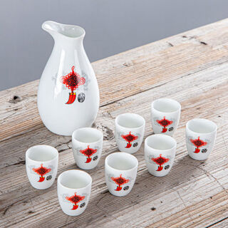 Tuojin jingdezhen craft ceramic wine set antique wine pot small wine cup sake cup drinking glass household white wine cup one pot eight cups safe packaging + cork chinese knot