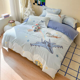 Fantasy mier airplane boy four-piece quilt cover bedding autumn and winter brushed small airplane comes with small rocket pillow sheet style sheet style 1.35m three-piece bed set (quilt cover 150x200)