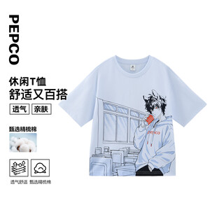 Piggy banner (pepco) children's clothing 2026 new summer style boys' wolf ears teenager campus illustration combed cotton round neck short-sleeved t-shirt sweater moon white blue 130