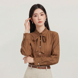 Tumanduo z-blue shirt french lace stand-up collar elegant bow long-sleeved workplace commuting shirt brown shirt丨lace collar s