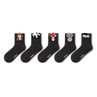 Pami (pami) black socks women's spring and summer mid-calf socks 2025 new warm and cute japanese spring sports outer long socks cartoon group b-pack 5 pairs one size fits all (suitable for sizes 36-39)