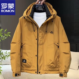 罗蒙（ROMON）短款羽绒服男士2025冬季新款宽松户外鸭绒保暖工装冲锋衣外套男 姜黄色  罗蒙正品 M 建议体重100-125斤