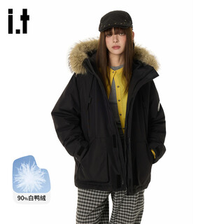 Ground zero couple's large fur collar workwear style design 90 white duck down warm hooded down jacket black l