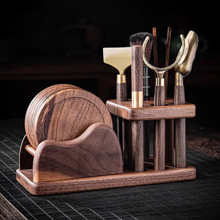 He jiagong walnut tea ceremony six gentlemen set tea set accessories complete tea needle tea clip coaster home tea making tools walnut mountain tea ceremony + buddha's hand five-piece set + tea scrape + 6 coasters