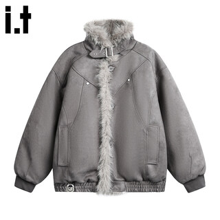 Chocoolate it men's american fashion brand mountain carving fur collar cotton jacket men's 2026 spring loose warm cotton jacket gray brown m recommended 100-140 jin jin equals 0.5 kg