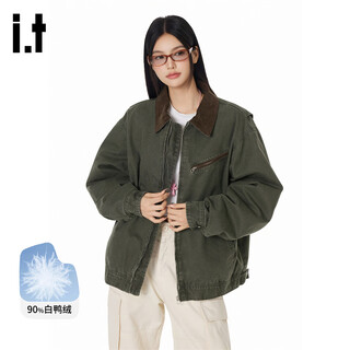 Ground zero couple style jacket retro style 90 white duck down contrast color lapel down jacket military green m