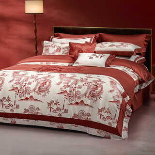 Mercury home textiles four-piece wedding bedding set, cotton wedding set, bright red embroidery four-piece set, comfortable quilt cover and sheets, longzhang fengcai (new style wedding | four-piece set) 1.8m bed (suitable for 220*240cm quilt core)