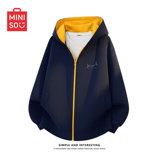 Miniso american casual hooded sweatshirt cardigan for men and women spring and autumn 2026 design contrasting zipper coat couple jacket navy blue (m looking forward to smile chest logo) l /175 (weight 120-140jin jin is equal to 0.5 kg)