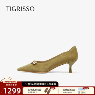 Tigrisso new year's good persimmon peanut 26th spring new cashmere temperament single shoes new chinese style high heels t76116a-02 dark milk white fabric 36