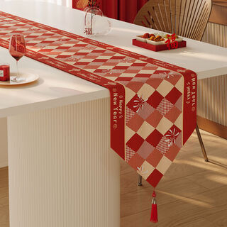 Fantasy new year table flag tea banquet festive long table cloth 2026 new year tea table cover coffee table cloth blessed every year triangular red tassel table flag hemp feeling 30x120cm (applicable to tabletop length 70+80cm)