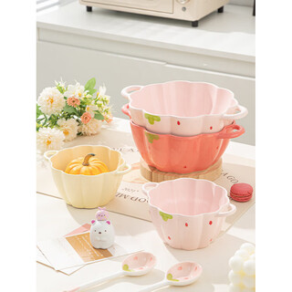 Tuojin strawberry cute double-eared instant noodle bowl, personal ceramic soup bowl for children, fruit princess rice bowl and pumpkin bowl. food-grade material can withstand testing.