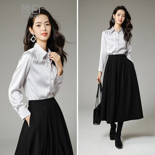 Late white new product 2026 spring fashion white-collar temperament capable shirt satin draped commuting shirt for women silver gray xl