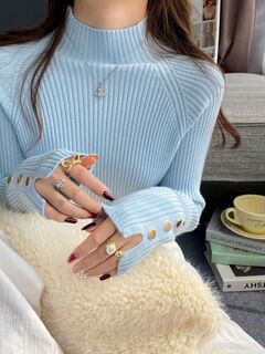 Blue half turtleneck bottoming shirt for women in autumn and winter 2025 new style knitted sweater mid-collar western style top baby blue s s
