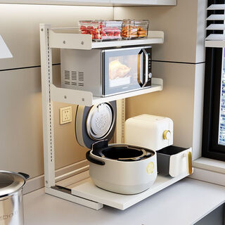 Fantasy pull-out convenient microwave multi-function storage rack classified and layered design carbon steel material simple modern kitchen set white can be adjusted up and down thickened carbon steel double layer bottom plate can be pulled out width 40cm and height 60cm