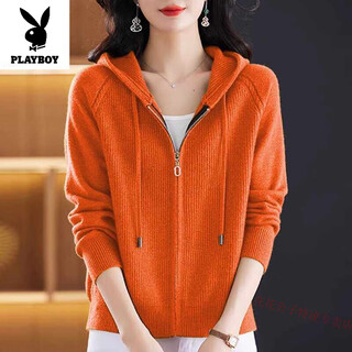 Playboy high-end hooded sweater cardigan for women spring and autumn short wool outer top zippered hooded sweatshirt spring sweater orange thick s
