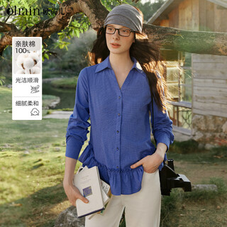 Olrain plaid fungus long-sleeved shirt women's spring new loose commuter shirt top blue l