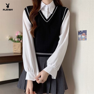 Playboy (playboy) preppy little man vest fake two-piece sweater spring new style inner bottoming sweater top for women official flagship black one-size-fits-all